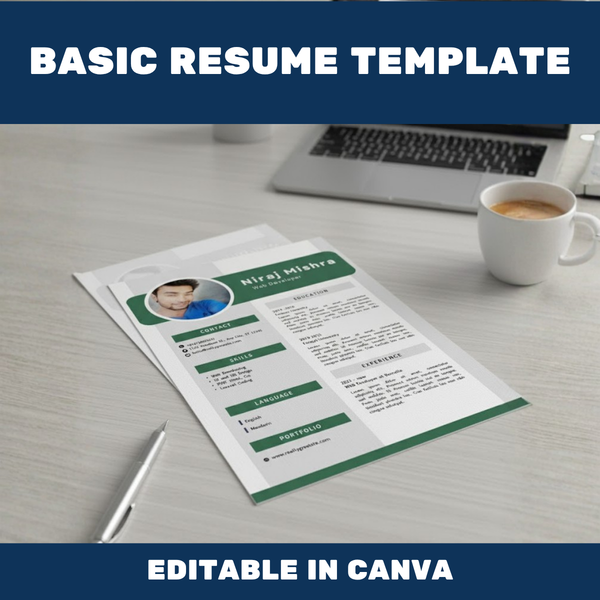 Basic Resume Template for Canva – clean, professional, and easy-to-edit resume design perfect for students, freshers, and job seekers to create a modern CV.