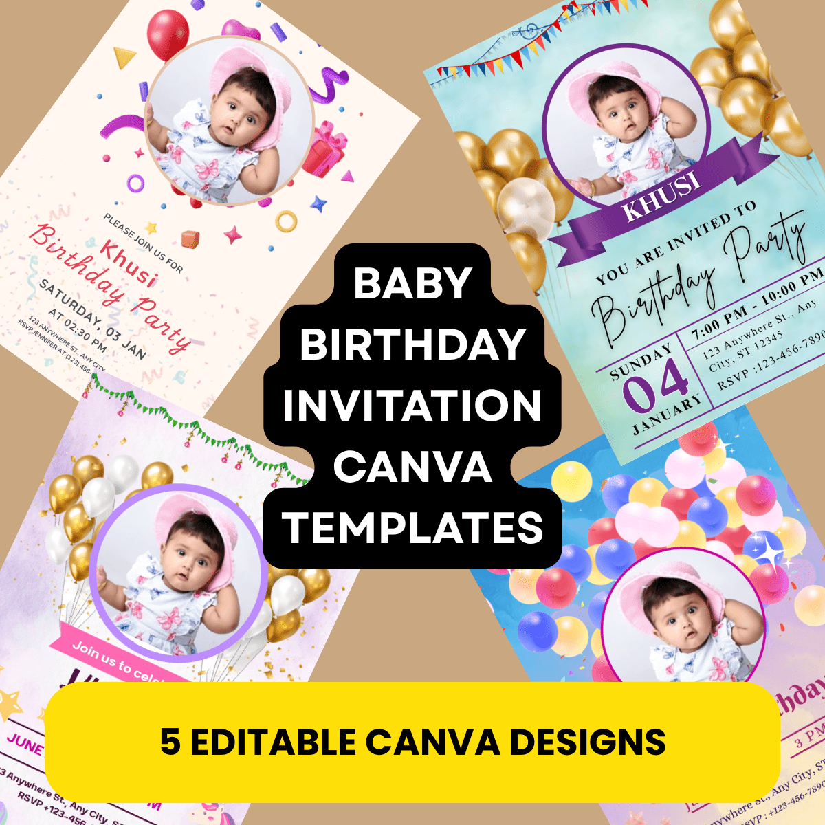 5 Baby Birthday Invitation Canva Templates