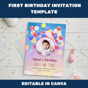Editable First Birthday Invitation Template in Canva featuring cute and colorful design for baby’s 1st birthday party, customizable text and graphics.